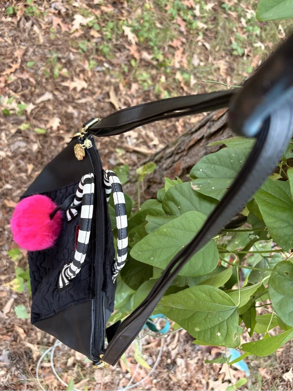 Luv Betsey Johnson Black Velvet Tote with Striped Handles and Hot Pink Pom Charm